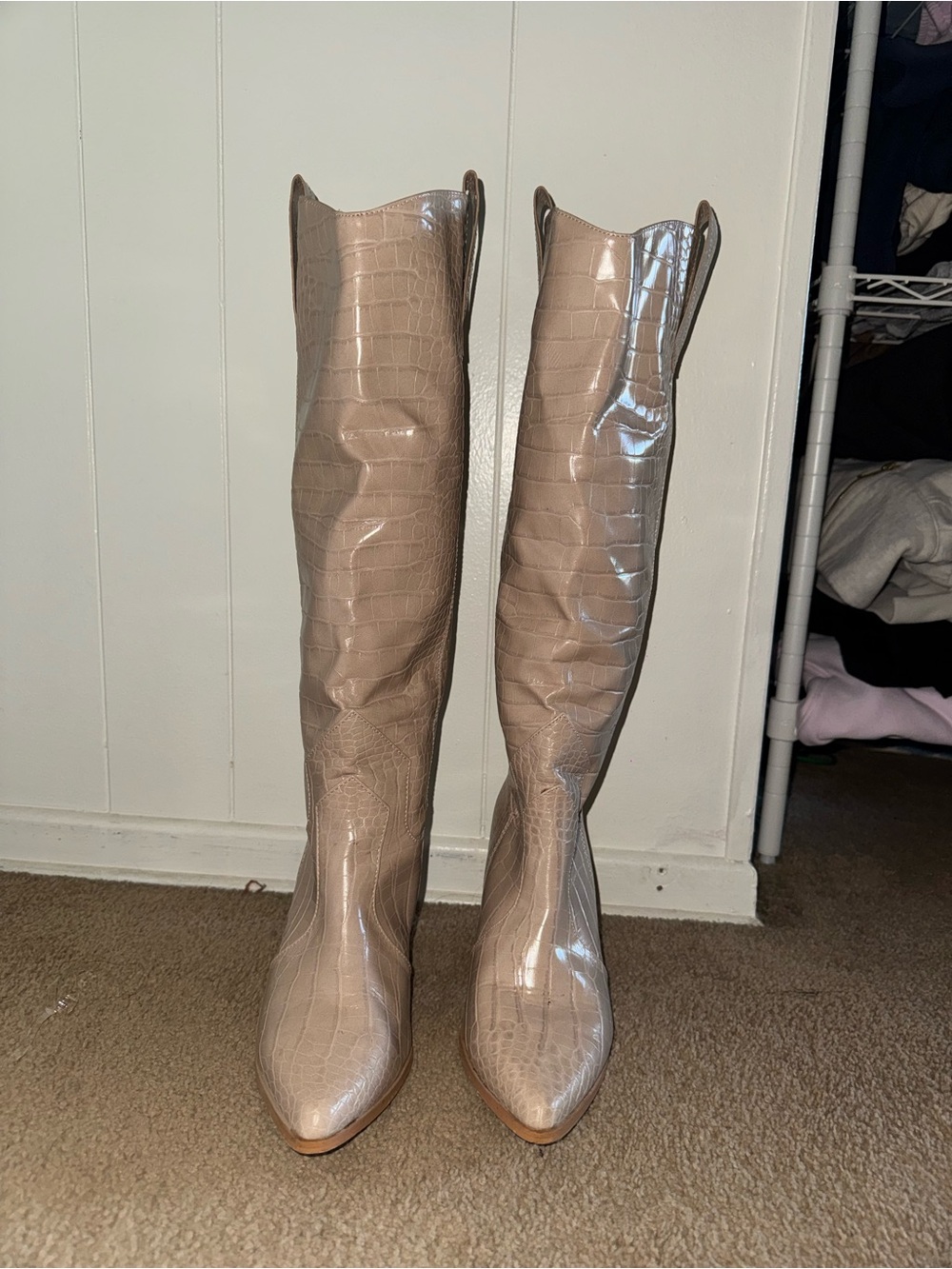 Nasty Gal Tall Croc-Embossed Knee High Boots in Taupe